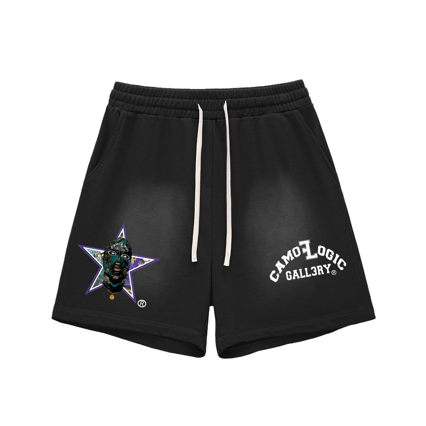 Grape Camoflogic Star Sun Fade Raw Edge Cotton Shorts