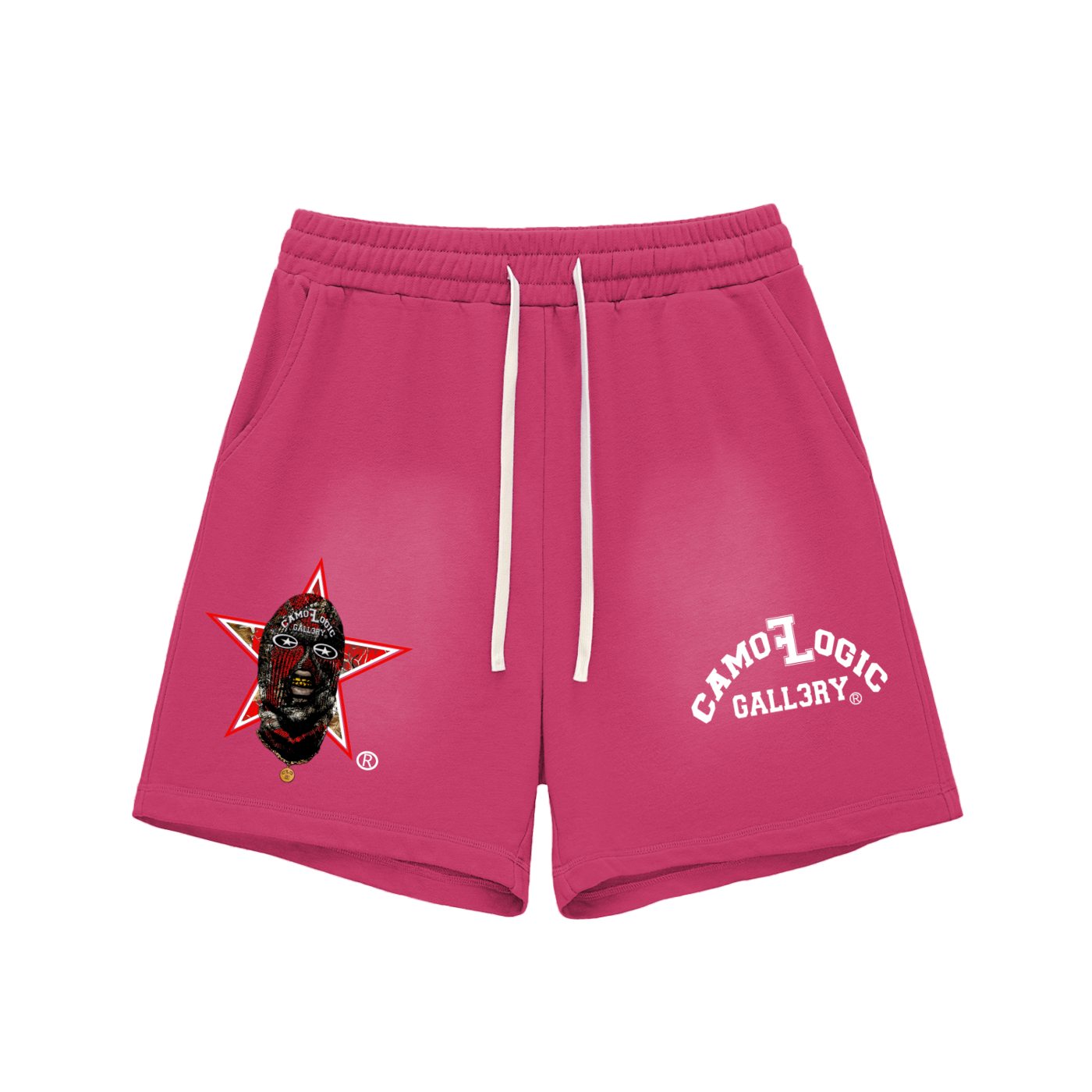 Red Camoflogic Star Sun Fade Raw Edge Cotton Shorts