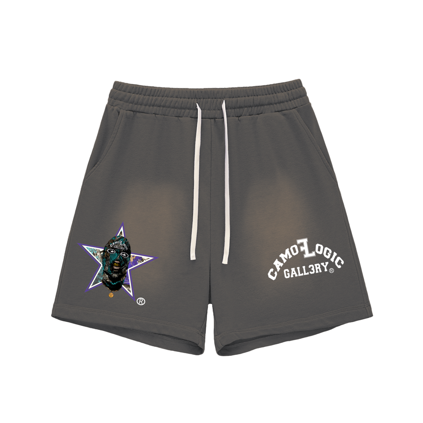 Grape Camoflogic Star Sun Fade Raw Edge Cotton Shorts