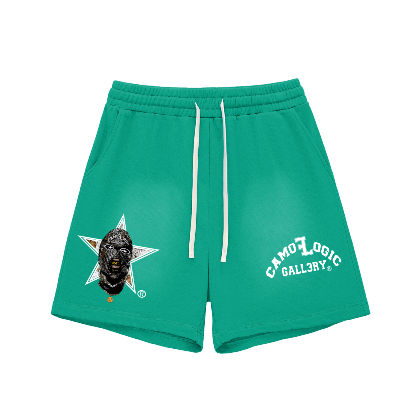White Camoflogic Star Sun Fade Raw Edge Cotton Shorts