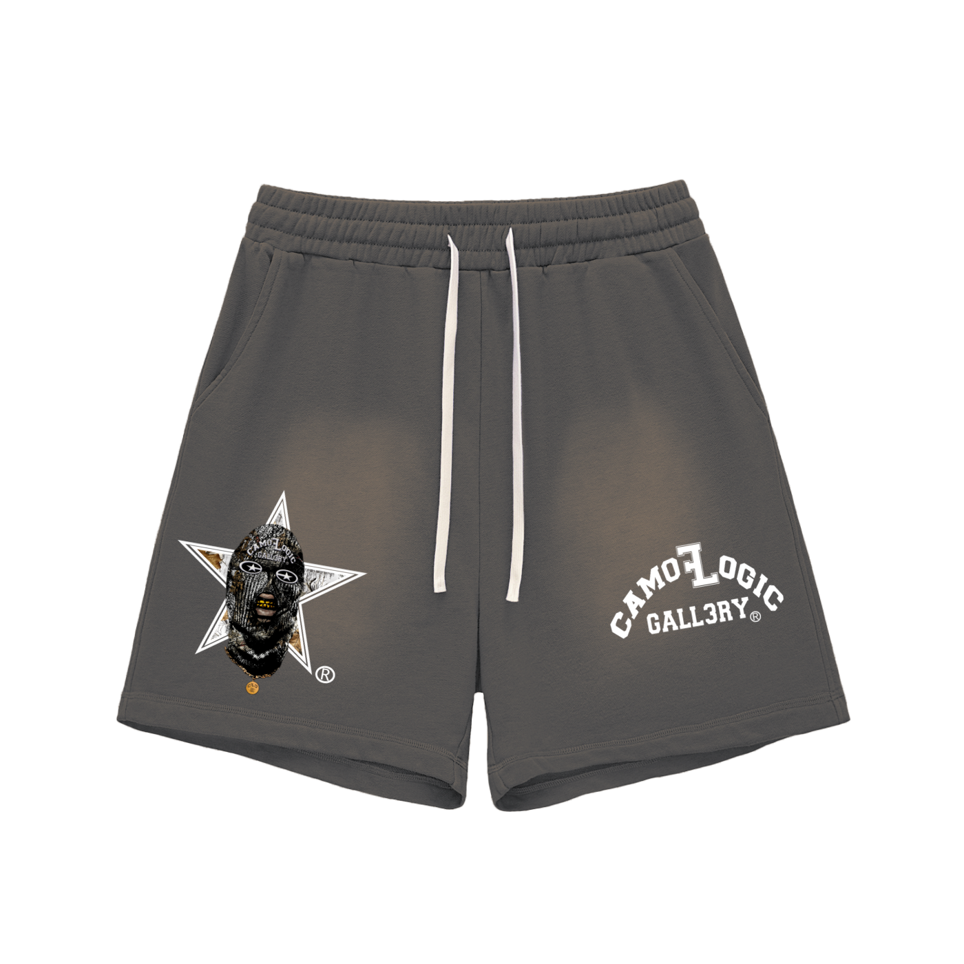 White Camoflogic Star Sun Fade Raw Edge Cotton Shorts