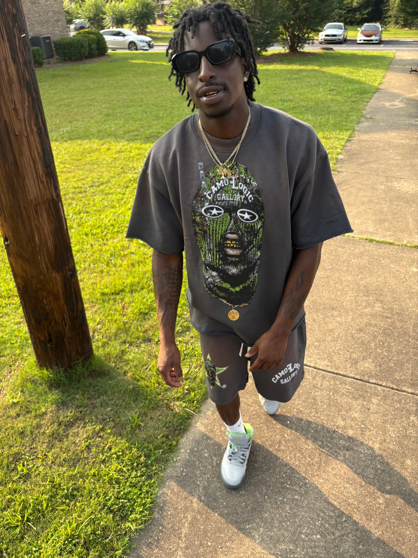 Lime Camoflogic Star Sun Fade Raw Edge Cotton Shorts