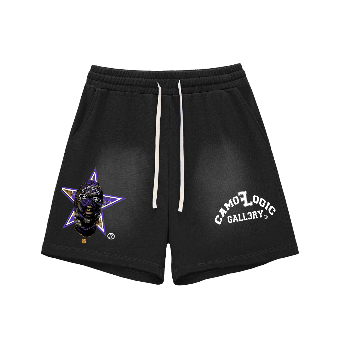Purple Camoflogic Star Sun Fade Raw Edge Cotton Shorts