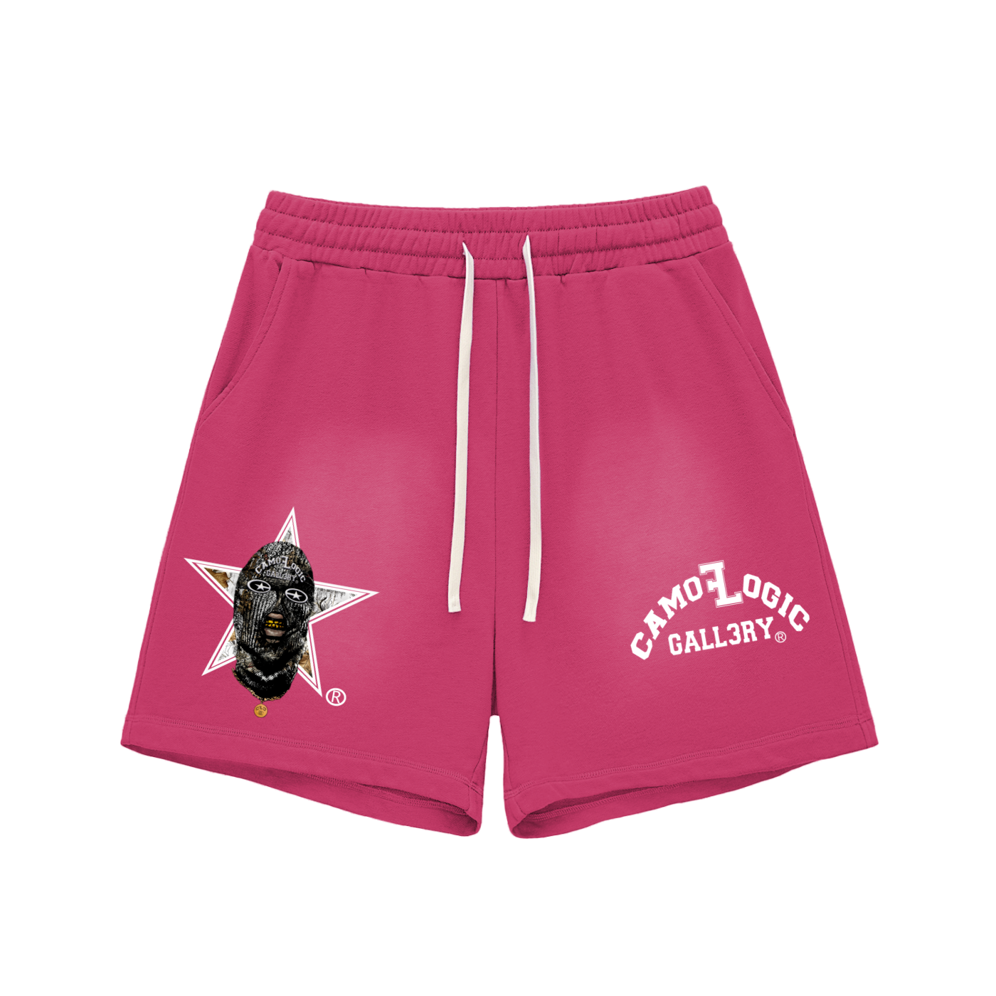 White Camoflogic Star Sun Fade Raw Edge Cotton Shorts