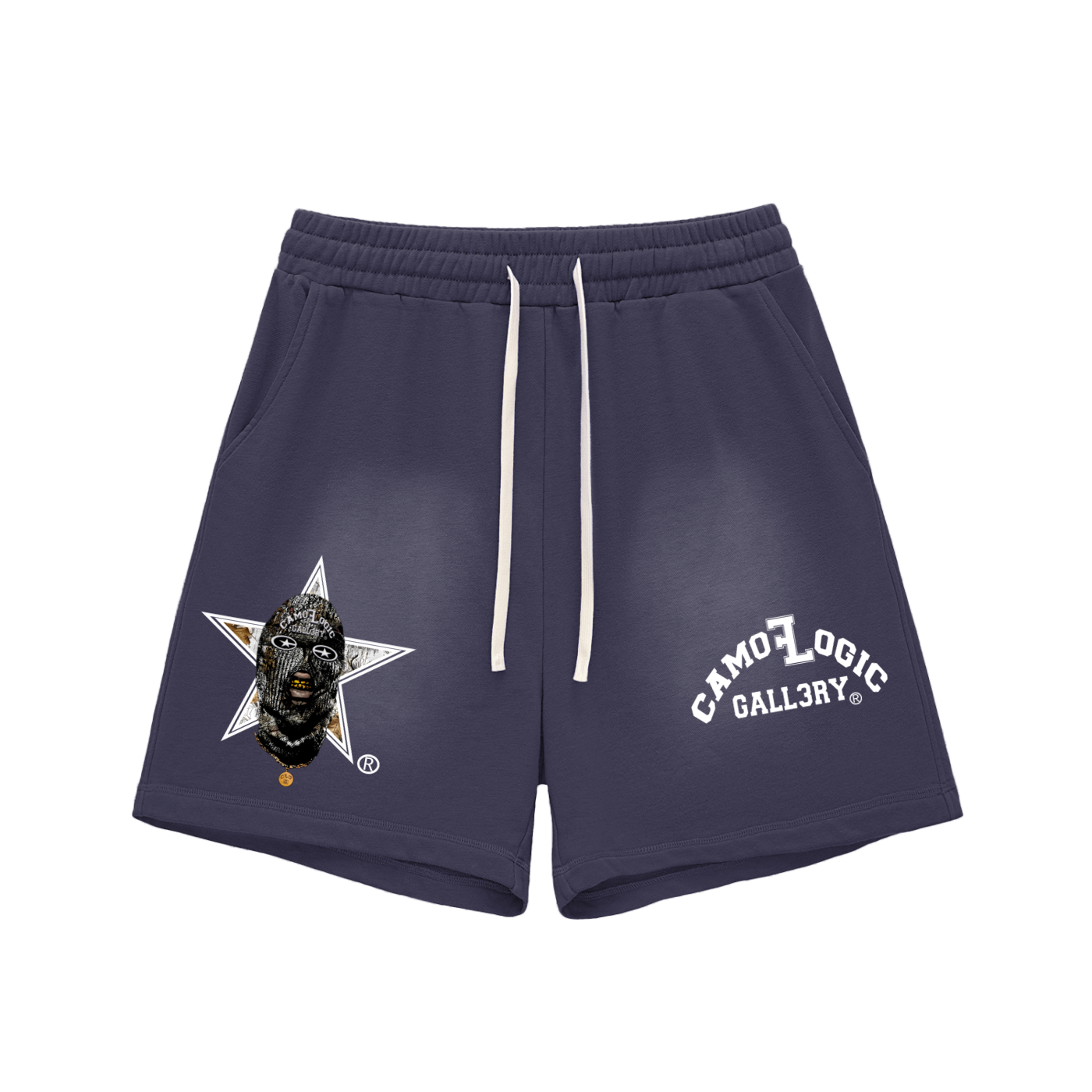White Camoflogic Star Sun Fade Raw Edge Cotton Shorts