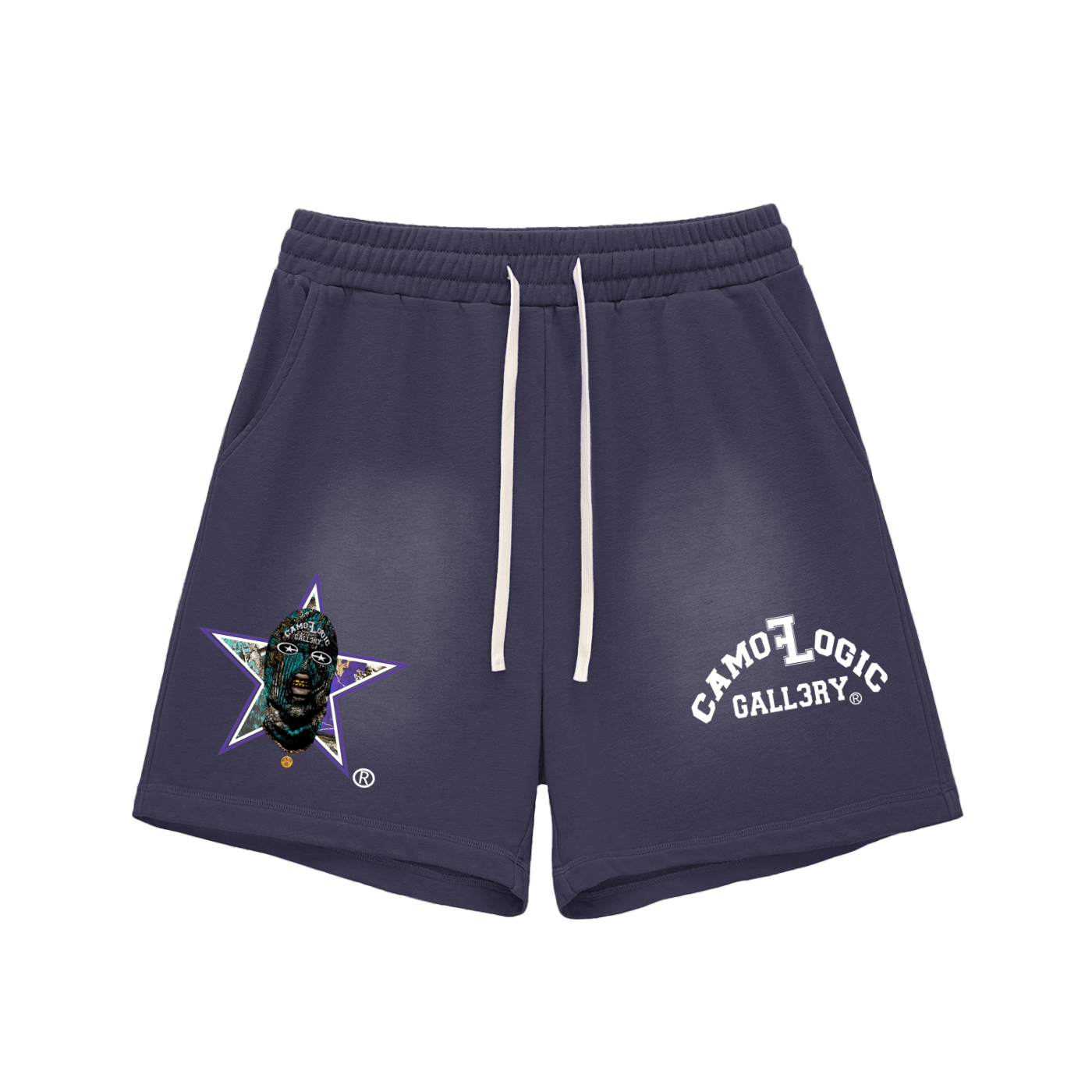 Grape Camoflogic Star Sun Fade Raw Edge Cotton Shorts