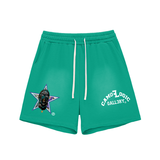 Grape Camoflogic Star Sun Fade Raw Edge Cotton Shorts