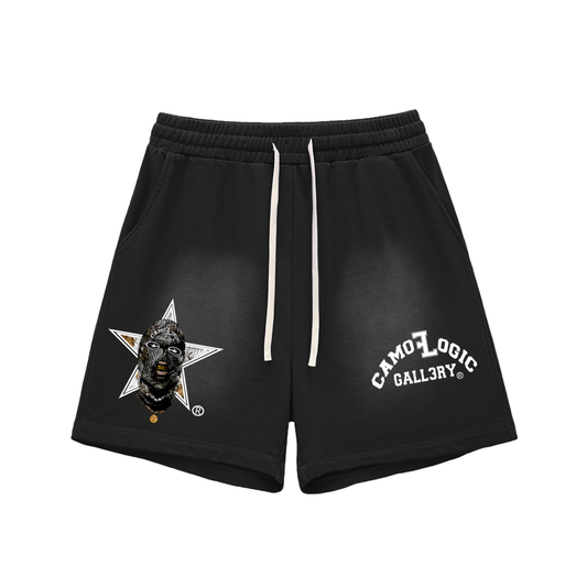 White Camoflogic Star Sun Fade Raw Edge Cotton Shorts
