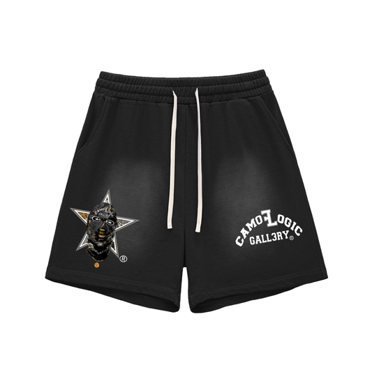 Grey Camoflogic Star Sun Fade Raw Edge Cotton Shorts