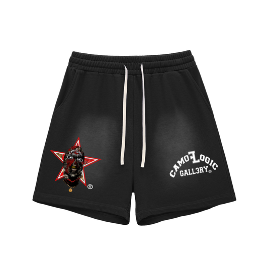 Red Camoflogic Star Sun Fade Raw Edge Cotton Shorts