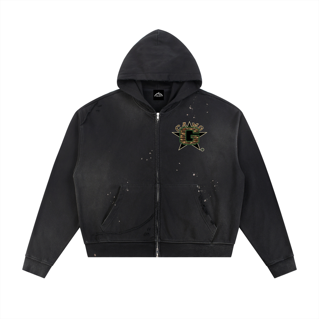 Sun Fade Frayed Raw Edge Fleece Zip Hoodie