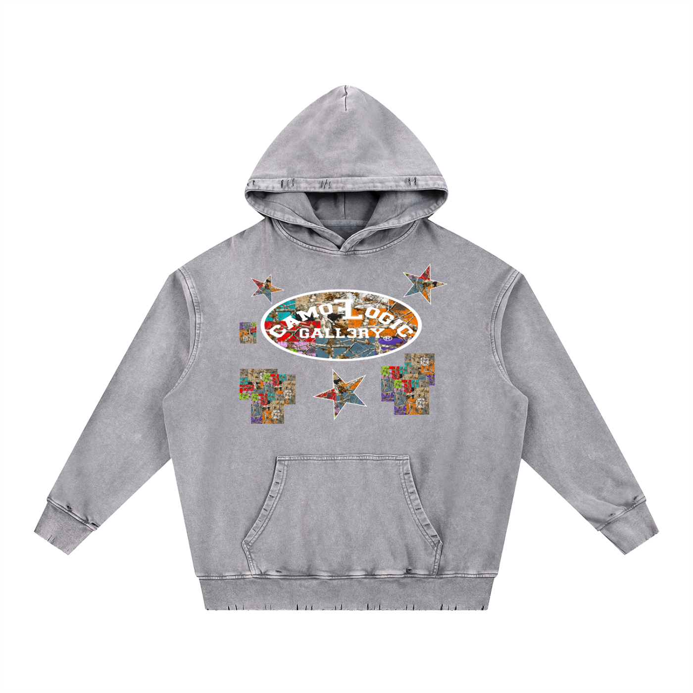 Multi Camoflogic Snow Wash Hand-Frayed Heavyweight  Hoodie