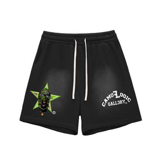 Lime Camoflogic Star Sun Fade Raw Edge Cotton Shorts