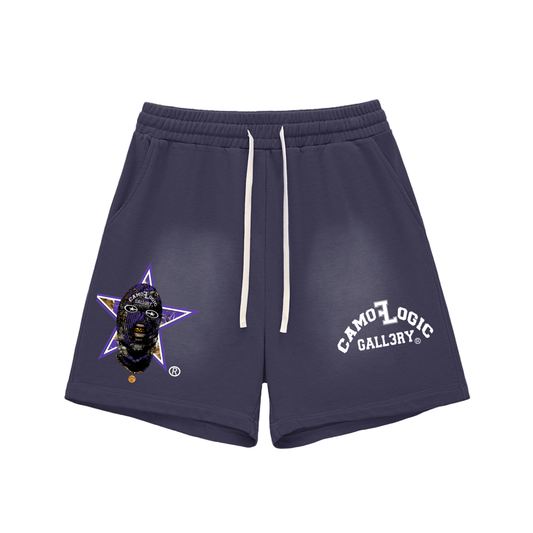 Purple Camoflogic Star Sun Fade Raw Edge Cotton Shorts