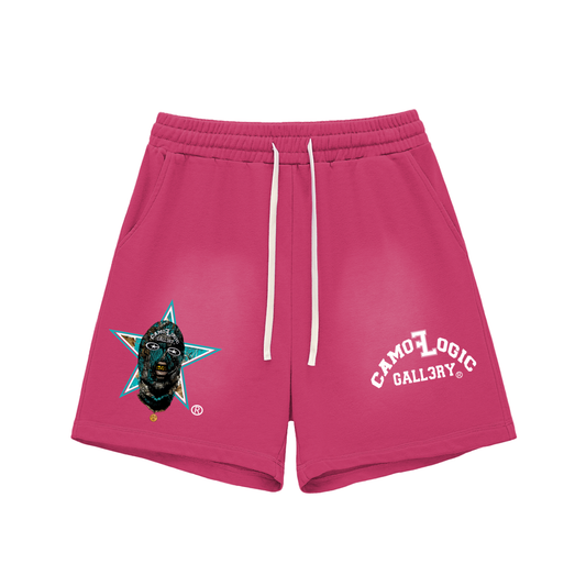 Turquoise Camoflogic Star Sun Fade Raw Edge Cotton Shorts